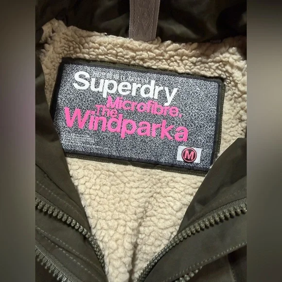 SUPERDRY Olive green hooded sherpa lined parka Jacket size M - Picture 11 of 13